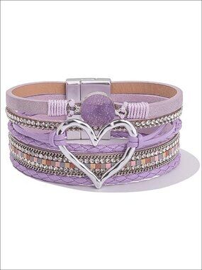 Chunky Heart Leather Wrap Bracelet CZ Druzy Cuff Bangle
